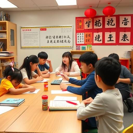 Ein Klassenzimmer der Mandarin Akademie mit Studenten und Lehrerin, die Chinesisch lernen.