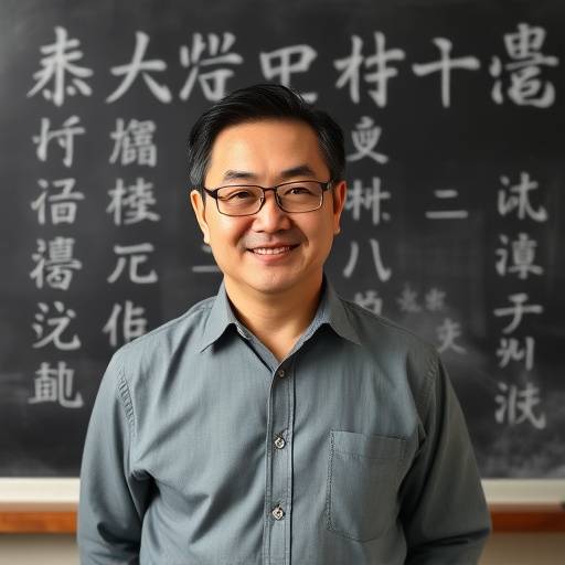 Herr Chen, Chinesischlehrer, steht vor einer Tafel mit chinesischen Schriftzeichen.