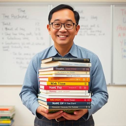 Herr Zhao, ein erfahrener Lehrer mit einem Stapel B&uuml;cher.