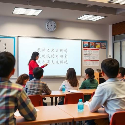 Innenansicht eines Klassenraums der Mandarin Akademie mit interaktivem Whiteboard und Sch&uuml;lern.